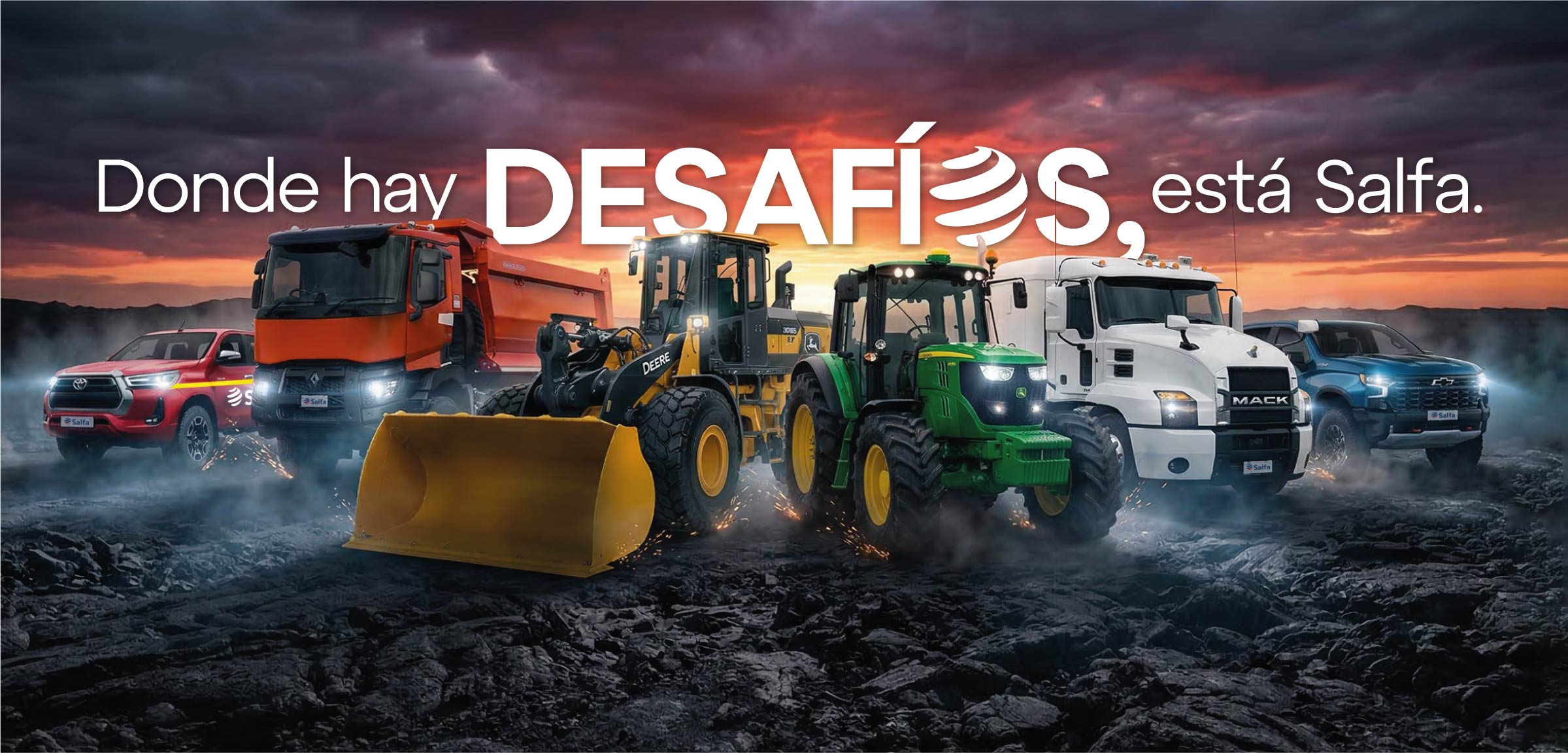 Camiones, maquinaria de construcción, tractor agrícola y vehículos livianos de Salfa en un escenario desafiante con el mensaje “Donde hay desafíos, está Salfa”.