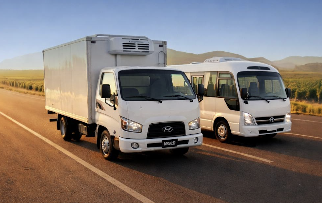 Camión y minibús Hyundai circulando en ruta, representando el soporte de repuestos originales Hyundai Camiones y Buses disponible en Salfa Talca.